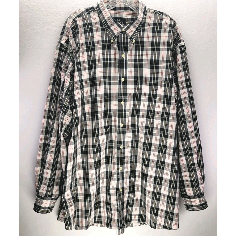 J.S.A. Bank Plaid Button Down Shirt Mens‎ XL Black White Cotton Classic Preppy